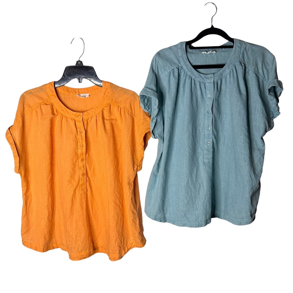 Westbound Bundle 2 Linen Blend Button Front Tops Orange Blue Large Blouse